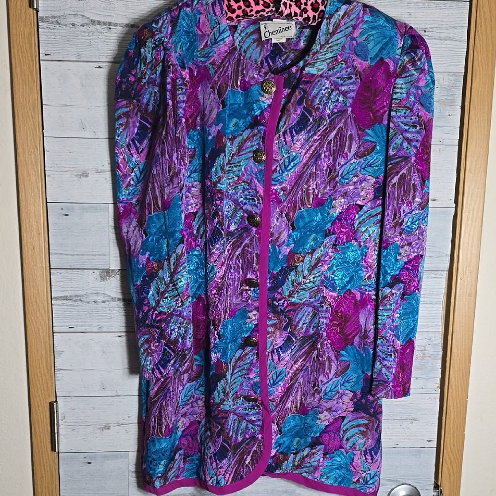 Vintage 80s Chimnee New York Floral Purple Blue Button Front Blouse Shir…